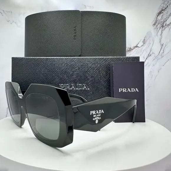 New PRADA Sunglasses Black Silver Symbole Logo Oversized Square Frame 54mm - Picture 1 of 16